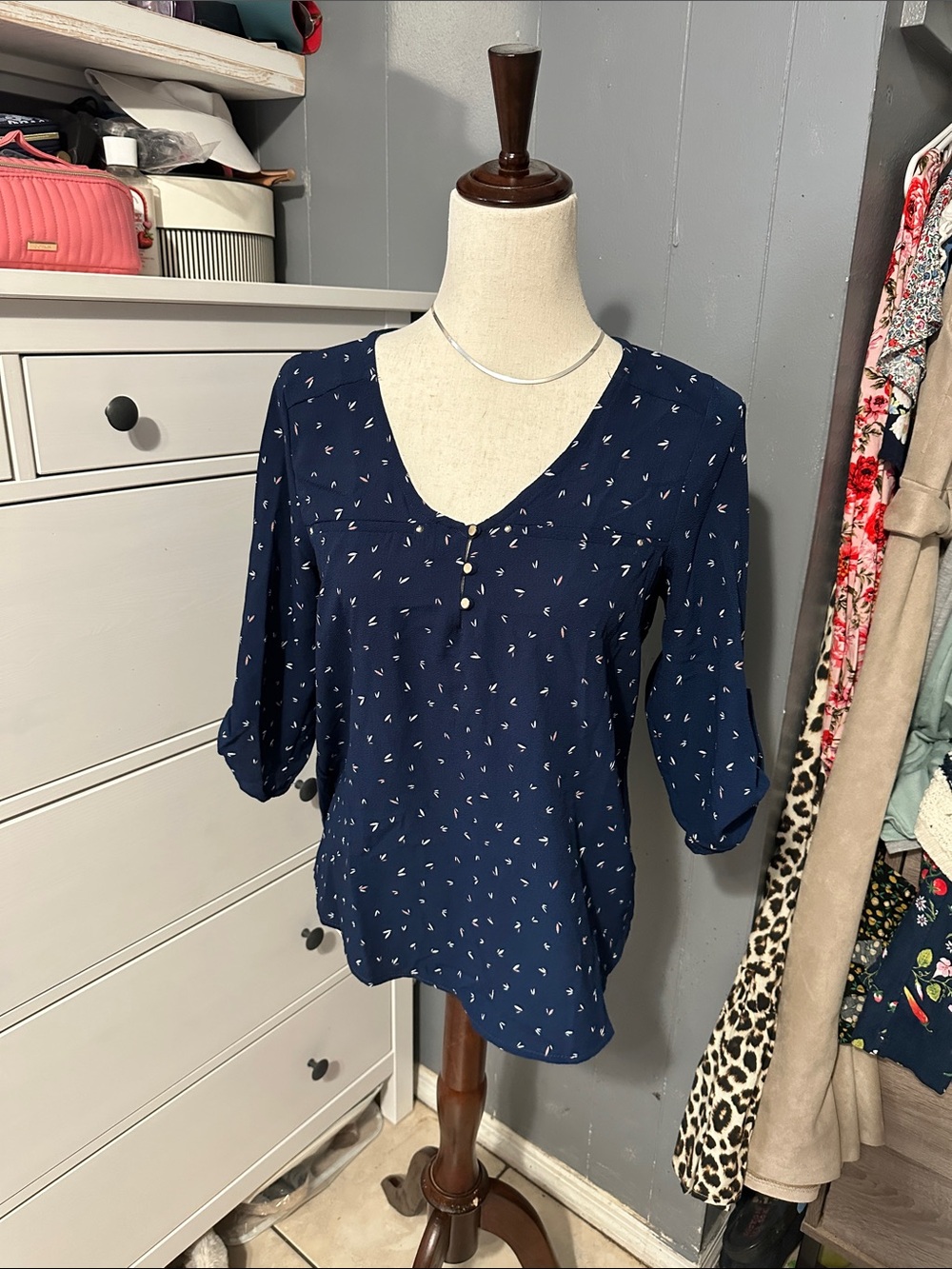 Women's Navy Blue V-Neck Blouse with Subtle Print